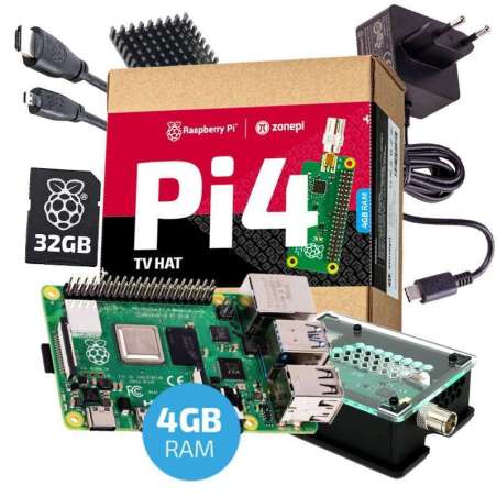 RASPBERRY PI 4B/4GB + TV HAT , 32GB SD Card, PS USB-C 5V/3A, microHDMI cable